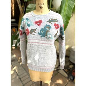 SUNDANCE Botanic Light Grey Floral Embroidered Floral Stripe Wool Sweater Size S